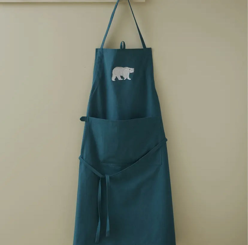 Sylvie Thiriez - Grembiule blu petrolio con ricamo orso bianco